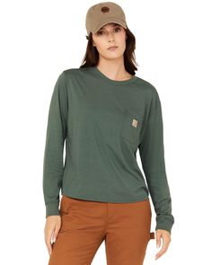 PRICES MAY VARY. Built with lightweight TENCEL fibers for incredible softness, breathability and durability Sits at hip Rib-knit crewneck Left-chest pocket with Carhartt label Length 24" Carhartt Womens, Safety Clothing, Pocket Tshirt, Rib Knit, Loose Fitting, Crew Neck, The Incredibles, Wardrobe, Knitting