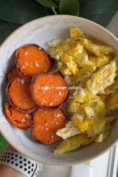 eggs and potatoes in a white bowl on a table