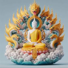 a buddha statue sitting on top of a cloud covered ground with dragon like decorations around it