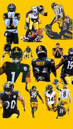 a collage of football players in different uniforms and numbers, all wearing black and yellow