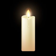 a lit candle in the dark with a light on it's side and a black background