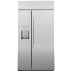 a silver refrigerator freezer sitting next to a white wall