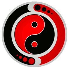 a red and black yin yang symbol on a white background