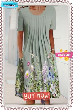 Floral A-line Short Sleeve Crew Neck Dress Casual Green A-line Midi Dress, Green A-line Midi Dress, Spring Green A-line Midi Dress, Green A-line Midi Dress For Spring, Casual Spring Fit And Flare Midi Dress, Casual A-line Midi Dress For Spring, Mid-length Dress With Pockets, Casual A-line Midi Dress With Floral Print, Casual Pleated Spring Dress