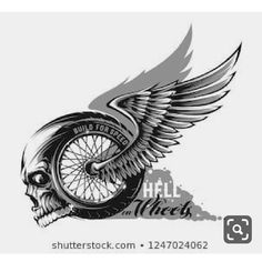 a skull with wings and a motorcycle wheel on it's back side, in black and white