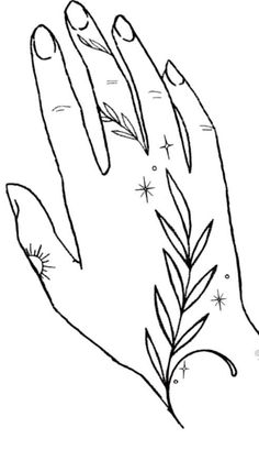 a black and white drawing of a hand with leaves on it's palm,