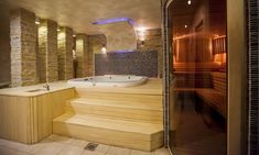 $55 for $100 Worth of Services — Mobile Sauna Jacuzzi Deck, Modern Saunas, Mobile Sauna, Jacuzzi Room, Inlaw Suite, Indoor Hot Tub, Hot Tub Room, New House Bathroom, Modern Bathroom Lighting