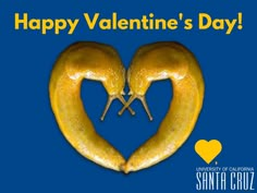 two yellow bananas forming a heart with the words happy valentine's day