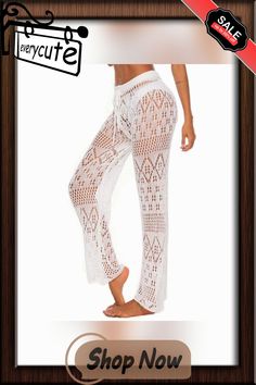 White Crochet Wide Leg Beach Wear Long Pants White Non-stretch Pants For Beach, Non-stretch Beach Trousers, Stretch Summer Pants For Beach Season, Summer Stretchy Beach Pants, White Pants For Beach Cover-up In Spring, Bohemian Wide-leg Bottoms For Beach Party, Casual Beach Cover-up Pants For Spring, White Bohemian Pants For Beach Season, White Bohemian Pants For Vacation