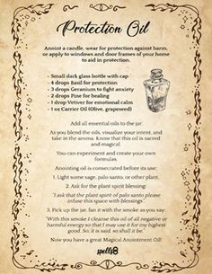 Protection Anointing Oil Recipe, Essential Oil Spells, Anointing Oil Recipe Wicca, Truth Oil Recipe, Witch Oils How To Make, Spell Oils Recipe, Magic Oil Recipes, Protection Oil Recipe Witchcraft, Protection Oil Witchcraft