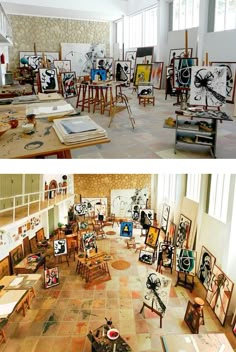 two pictures of an art studio with paintings on the walls and tables in the middle