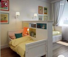 a bed room with a neatly made bed and a book shelf next to the bed