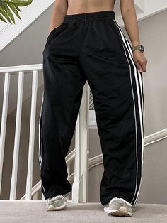 Side Stripe Casual Baggy Pants - AnotherChill Baggy Pants Black, Baggy Pants, Baggy Pant, Pop Punk, Exclusive Fashion, Side Stripe, Pants Black, Big Boys, Straight Leg Pants