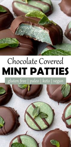 homemade chocolate mint patties with green leaves on top and the title overlay reads homemade chocolate mint patties