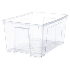 a clear plastic storage box on a white background