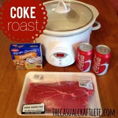 the ingredients for this slow cooker roast are displayed on a table with an instant pot