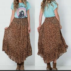 Spell Saphari Kerchief Maxi Skirt Nwt Size M Tassled Drawstring Elastic Waist Partially Lined Ruffled Hem Measurements: Waist 14.5” Unstretched, 19” Stretched Length 38” At Longest Casual Brown Maxi Skirt For Fall, Bohemian Skirted Bottoms In Brown, Bohemian Brown Skirt For Fall, Fall Bohemian Brown Skirt, Long Skirt Outfit Plus Size, Skirt Band Tee Outfit, Band Tee Outfits, Full Maxi Skirt, Long Skirt Outfits