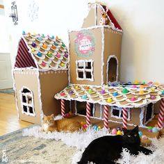 a cat laying on the floor in front of a gingerbread house made out of cardboard