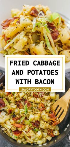 fried cabbage and potatoes with bacon in a skillet