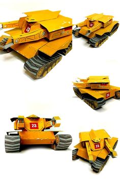 four different views of a yellow and black tank with numbers on it's sides