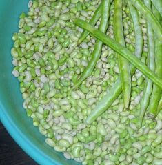 green beans and peas in a blue bowl