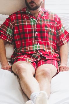 Men's Custom Satin Plaid pajamas – Spikes and Seams Bridal Party Robes, Plaid Pajamas, Wedding Robe, Satin Pajamas, Bridesmaid Robes, Red Satin, Mens Pajamas, Shorts With Pockets, Plaid Pattern