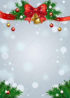 a christmas card with bells and ornaments hanging from the ribbon, on a snow covered background