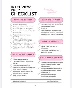 the interview checklist is shown with pink and black writing on it, which includes information about