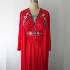 Fabulous 2pc bright red maxi nightgown with bright blue trim and embroidered flowers along the trim.  Label: Sears Size: Small Bust: 32 Waist: 34 Hips: 44 Length: 55 Robe Shoulders: 16.5 Pit to Pit: 20 Center Back: 55.5 Sleeve Length: 19.5 Measurements taken flat and in inches.  For Full details go to my shop policies. Message me with questions.  Items over $50 are shipped priority which includes insurance. At this time I cannot ship items to certain EU countries due to my No Return Policy.   Check out my shop page for more vintage and for shop policies: http://www.etsy.com/shop/vintageontherocksri Instagram has all the lastest items coming to the shop! @vintageontherocksri Also like my FB page. I post about sales and new items: https://www.facebook.com/vintageontherocksri Red Spring Nightgown For Sleep, Red Spring Holiday Sets, Red Fitted Nightgown For Loungewear, Fitted Red Nightgown For Loungewear, Womens Pajama, Matching Robes, Pensacola Fl, Grey Ombre, Red Maxi