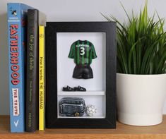 there is a black framed picture with a green shirt on it and two books next to it