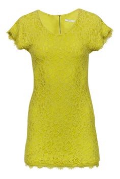 Current Boutique-Diane von Furstenberg - Yellow Fitted Lace Dress Sz 2 Spring Yellow Lace Mini Dress, Casual Lace Mini Dress With Short Sleeves, Casual Lace Mini Dress, Casual Short Sleeve Lace Mini Dress, Casual Lace Dress With Stretch, Yellow Lace Mini Dress For Summer, Casual Stretch Lace Dress, Spring Mini Dress With Lace Trim And Stretch, Spring Stretch Mini Dress With Lace Trim