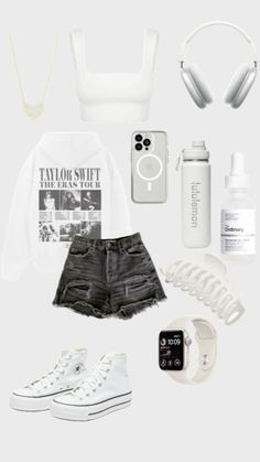 the contents of a white shirt, shorts and headphones