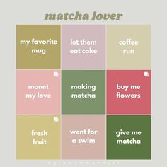 the words matcha lover are arranged in different colors and font styles, including pink, green