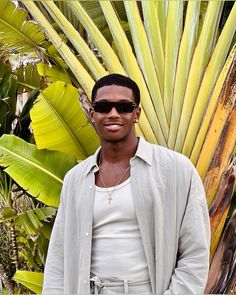 a man wearing sunglasses standing in front of palm trees and other tropical plants, smiling for the camera