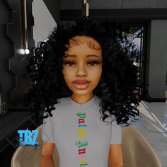 an animated doll with curly hair sitting in a chair and looking at the camera while wearing a t - shirt