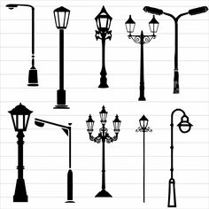 various street lights silhouettes on lined paper