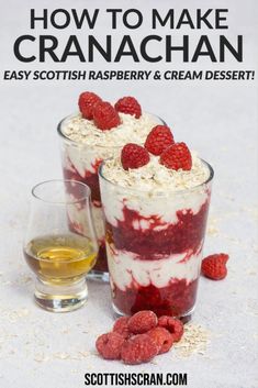 raspberry and cream trifle in glasses with the title how to make cranachan