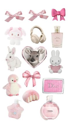 a collection of pink and white items including perfume bottles, teddy bears, bunny ears, soaps and more