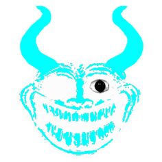 a blue and white drawing of an evil looking face with horns on it's head