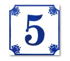 a blue and white sign with the number five in it's center, on a white background