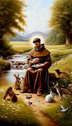 a painting of jesus sitting in the grass with animals around him and looking at his book