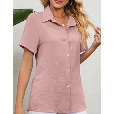 Pink Button Lapel Short Sleeve Shirt Pink Collared Top With Button Closure, Solid Shirt With Lapel Collar And Buttons, Summer Single Breasted Short Sleeve Top, Summer Short Sleeve Single Breasted Top, Summer Single-breasted Short Sleeve Top, Collared Solid Color Shirt For Spring, Spring Collared Shirt In Solid Color, Spring Tops With Single Breasted Spread Collar, Spring Solid Color Collared Shirt