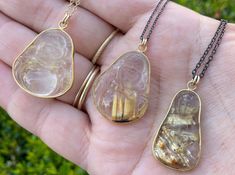 Happy Buddha rutilated quartz crystal necklace - gold filled | Aislinn collection necklace Amanda K Lockrow Rutilated Quartz Jewelry, Gold Leaf Necklace, Rutilated Quartz Crystal, Golden Rutilated Quartz, Kuan Yin, Happy Buddha, Nature Necklace, Quartz Crystal Necklace, Gold Cross Pendant