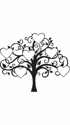 a black and white tree with hearts on it