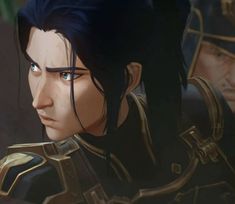 an animated image of a man in armor with blue eyes and black hair, looking to the side