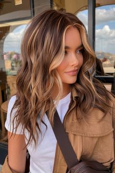 25 Stunning Balayage Ideas for Brunettes in Fall 2024: Explore Hair Color Trends with Blonde Highlights Brunette Hair Color With Balayage, Blonde And Auburn Highlights Brown Hair, Brown Caramel And Red Highlights, Light Fall Balayage, Fall Ombre Hair Brunette Caramel, Blonde Dark Brown Balayage, Balayage Hair Blonde And Brown, Fall Hair With Dimension