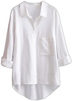 Casual Blouse With Pockets And Casual Collar, White Blouse With Rolled Long Sleeves, White Long Sleeve Blouse With Rolled Sleeves, Solid Shirt With Pockets And Shirttail Hem, White Long Sleeve Top With Rolled Sleeves, Oversized Blouse With Pockets And Shirttail Hem, White Relaxed Fit Blouse With Pockets, Casual Oversized Blouse, Casual Oversized Plain Blouse