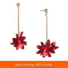 two red flower earrings with gold posts on each side and the words now trending $ 50 & under