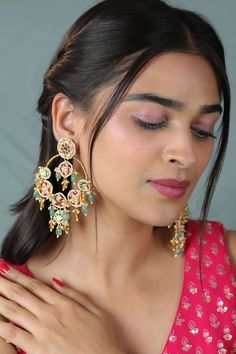 22Kt matte gold plated chandbali earrings with jadtar stones and beaded embellishments. - Aza Fashions Chand Baliyan Earrings, Chaand Baaliyan Earings, Fusion Style Chandbali Kundan Necklace With Latkans, Fusion Style Chandbali Chandelier Earrings For Festive Occasions, Temple Jewelry Chandbali Chandelier Earrings With Gota Work, Kundan Meenakari Chandbalis For Reception, Temple Jewelry Style Meenakari Chandbalis For Reception, Festive Chandbalis With Gota Work For Reception, Festive Gota Work Chandbalis For Reception