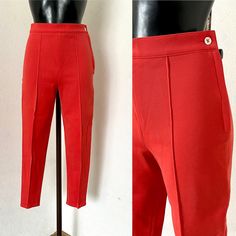 "80s Women's Red Skiny Bridge Pants High Waist Ankle Capri Straight Pants 1980s Minimal Riding Pants Tapered Leg Pants Boxed Trousers Size S/M ♥ High Waist ♥ Button and Zipper closure on Side ♥ Roober on leg ends ♥ Elastic Fabric Condition: very good vintage condition. Tag: Holiday, Made in Italy Materials: 54% Polyamid; 31% Acrylic; 12% Wool; 3% Elastan Size: (Fits on S/ M) Measurements: laying flat and tied closed Lenght : 91cm = 35,8\" Waist - 68cm = 26,7\" Hips max- 106cm = 41.7\" Trousers Leg Length inside: 63cm = 24,8'' Front Rise: 30cm = 11,7\" Leg Width Bottom:max 33cm = 13'' Pant Leg Opening max: 16cm = 6,4\" **Measurements are taken with the garment lying flat. (Some sizes then doubled - Bust, Waist, Hips). Be sure to leave room for movement and comfort** Additional Notes: Please 80s Women, Riding Pants, Shorts Outfit, Elastic Fabric, Straight Pants, High Waisted Pants, Tapered Legs, Short Outfits, Lady In Red